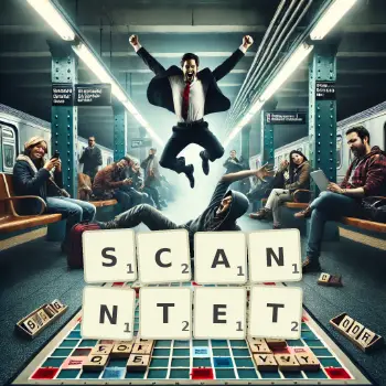 Kreative Illustration für ein Scrabble-Spiel, bei dem das Wort SCANNTET mit Steinen auf dem Brett gelegt wurde.