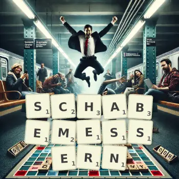 Kreative Illustration für ein Scrabble-Spiel, bei dem das Wort SCHABEMESSERN mit Steinen auf dem Brett gelegt wurde.
