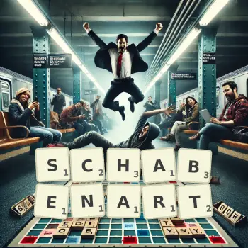 Kreative Illustration für ein Scrabble-Spiel, bei dem das Wort SCHABENART mit Steinen auf dem Brett gelegt wurde.