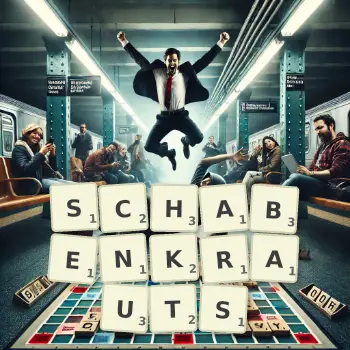 Kreative Illustration für ein Scrabble-Spiel, bei dem das Wort SCHABENKRAUTS mit Steinen auf dem Brett gelegt wurde.