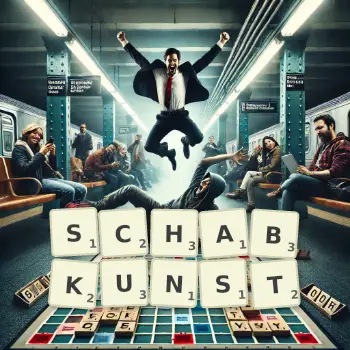 Kreative Illustration für ein Scrabble-Spiel, bei dem das Wort SCHABKUNST mit Steinen auf dem Brett gelegt wurde.