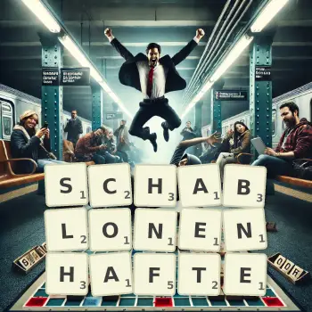 Kreative Illustration für ein Scrabble-Spiel, bei dem das Wort SCHABLONENHAFTE mit Steinen auf dem Brett gelegt wurde.