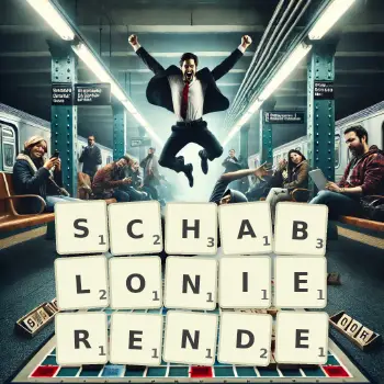 Kreative Illustration für ein Scrabble-Spiel, bei dem das Wort SCHABLONIERENDE mit Steinen auf dem Brett gelegt wurde.