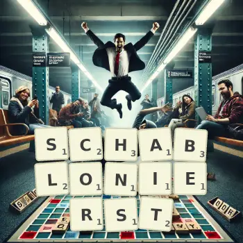 Kreative Illustration für ein Scrabble-Spiel, bei dem das Wort SCHABLONIERST mit Steinen auf dem Brett gelegt wurde.