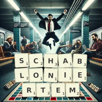 Kreative Illustration für ein Scrabble-Spiel, bei dem das Wort SCHABLONIERTEM mit Steinen auf dem Brett gelegt wurde.