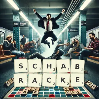 Kreative Illustration für ein Scrabble-Spiel, bei dem das Wort SCHABRACKE mit Steinen auf dem Brett gelegt wurde.