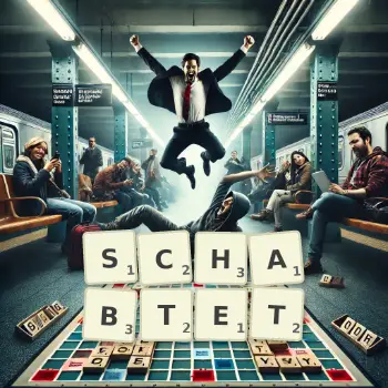 Kreative Illustration für ein Scrabble-Spiel, bei dem das Wort SCHABTET mit Steinen auf dem Brett gelegt wurde.