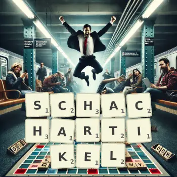Kreative Illustration für ein Scrabble-Spiel, bei dem das Wort SCHACHARTIKEL mit Steinen auf dem Brett gelegt wurde.