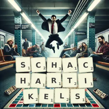 Kreative Illustration für ein Scrabble-Spiel, bei dem das Wort SCHACHARTIKELS mit Steinen auf dem Brett gelegt wurde.