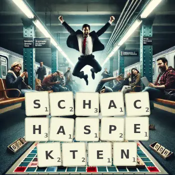 Kreative Illustration für ein Scrabble-Spiel, bei dem das Wort SCHACHASPEKTEN mit Steinen auf dem Brett gelegt wurde.