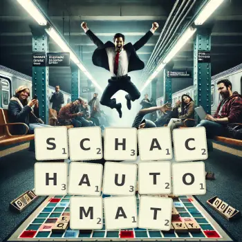 Kreative Illustration für ein Scrabble-Spiel, bei dem das Wort SCHACHAUTOMAT mit Steinen auf dem Brett gelegt wurde.