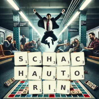 Kreative Illustration für ein Scrabble-Spiel, bei dem das Wort SCHACHAUTORIN mit Steinen auf dem Brett gelegt wurde.