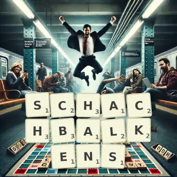 Kreative Illustration für ein Scrabble-Spiel, bei dem das Wort SCHACHBALKENS mit Steinen auf dem Brett gelegt wurde.