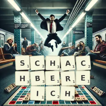 Kreative Illustration für ein Scrabble-Spiel, bei dem das Wort SCHACHBEREICH mit Steinen auf dem Brett gelegt wurde.