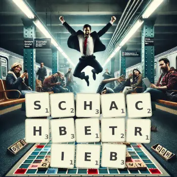 Kreative Illustration für ein Scrabble-Spiel, bei dem das Wort SCHACHBETRIEB mit Steinen auf dem Brett gelegt wurde.