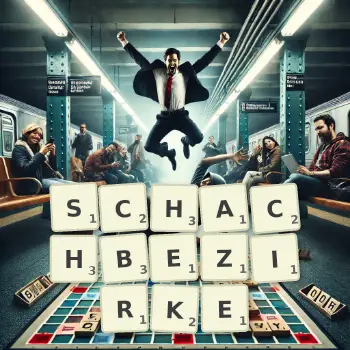 Kreative Illustration für ein Scrabble-Spiel, bei dem das Wort SCHACHBEZIRKE mit Steinen auf dem Brett gelegt wurde.
