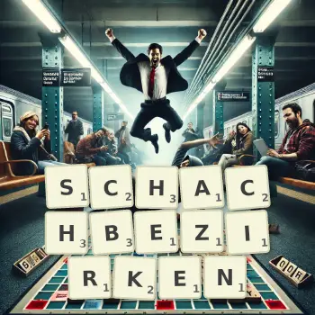 Kreative Illustration für ein Scrabble-Spiel, bei dem das Wort SCHACHBEZIRKEN mit Steinen auf dem Brett gelegt wurde.