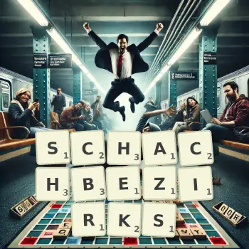 Kreative Illustration für ein Scrabble-Spiel, bei dem das Wort SCHACHBEZIRKS mit Steinen auf dem Brett gelegt wurde.