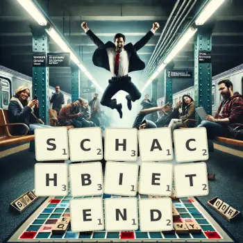 Kreative Illustration für ein Scrabble-Spiel, bei dem das Wort SCHACHBIETEND mit Steinen auf dem Brett gelegt wurde.