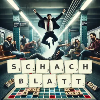Kreative Illustration für ein Scrabble-Spiel, bei dem das Wort SCHACHBLATT mit Steinen auf dem Brett gelegt wurde.
