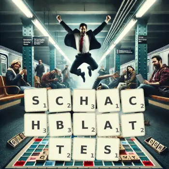 Kreative Illustration für ein Scrabble-Spiel, bei dem das Wort SCHACHBLATTES mit Steinen auf dem Brett gelegt wurde.