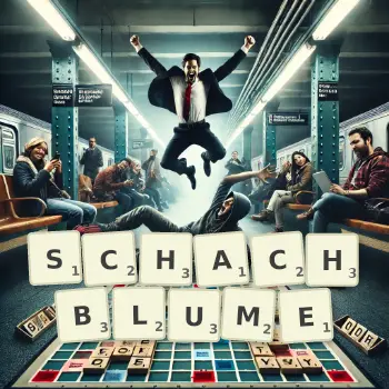 Kreative Illustration für ein Scrabble-Spiel, bei dem das Wort SCHACHBLUME mit Steinen auf dem Brett gelegt wurde.