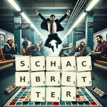 Kreative Illustration für ein Scrabble-Spiel, bei dem das Wort SCHACHBRETTER mit Steinen auf dem Brett gelegt wurde.