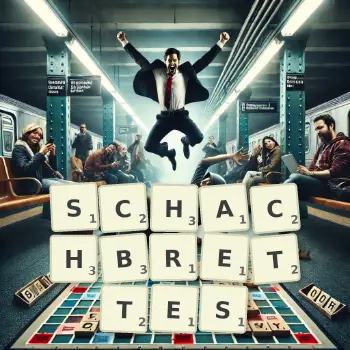 Kreative Illustration für ein Scrabble-Spiel, bei dem das Wort SCHACHBRETTES mit Steinen auf dem Brett gelegt wurde.