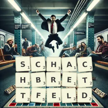 Kreative Illustration für ein Scrabble-Spiel, bei dem das Wort SCHACHBRETTFELD mit Steinen auf dem Brett gelegt wurde.