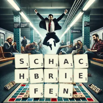 Kreative Illustration für ein Scrabble-Spiel, bei dem das Wort SCHACHBRIEFEN mit Steinen auf dem Brett gelegt wurde.