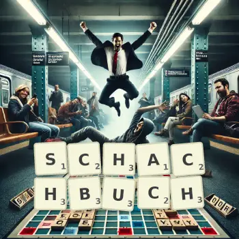 Kreative Illustration für ein Scrabble-Spiel, bei dem das Wort SCHACHBUCH mit Steinen auf dem Brett gelegt wurde.