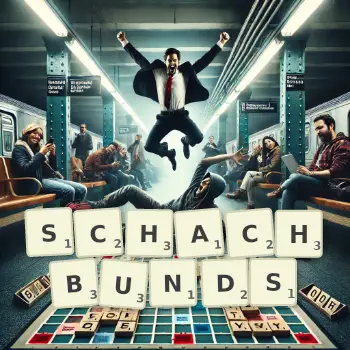 Kreative Illustration für ein Scrabble-Spiel, bei dem das Wort SCHACHBUNDS mit Steinen auf dem Brett gelegt wurde.