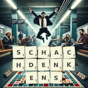 Kreative Illustration für ein Scrabble-Spiel, bei dem das Wort SCHACHDENKENS mit Steinen auf dem Brett gelegt wurde.