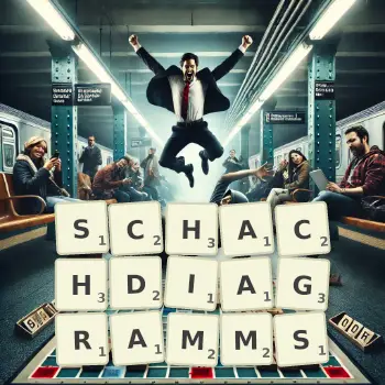 Kreative Illustration für ein Scrabble-Spiel, bei dem das Wort SCHACHDIAGRAMMS mit Steinen auf dem Brett gelegt wurde.
