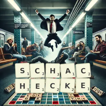 Kreative Illustration für ein Scrabble-Spiel, bei dem das Wort SCHACHECKE mit Steinen auf dem Brett gelegt wurde.