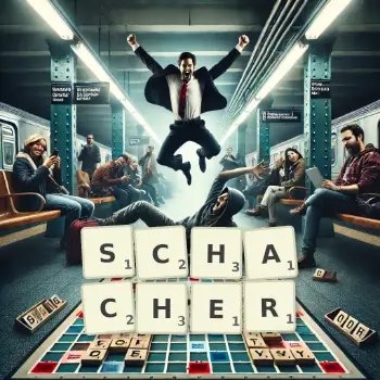 Kreative Illustration für ein Scrabble-Spiel, bei dem das Wort SCHACHER mit Steinen auf dem Brett gelegt wurde.