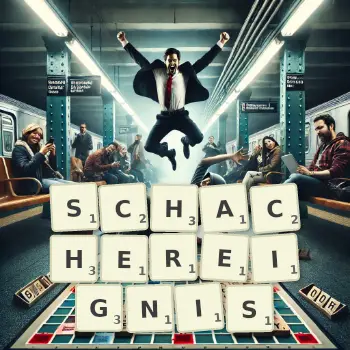 Kreative Illustration für ein Scrabble-Spiel, bei dem das Wort SCHACHEREIGNIS mit Steinen auf dem Brett gelegt wurde.
