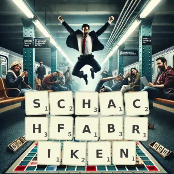 Kreative Illustration für ein Scrabble-Spiel, bei dem das Wort SCHACHFABRIKEN mit Steinen auf dem Brett gelegt wurde.