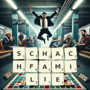 Kreative Illustration für ein Scrabble-Spiel, bei dem das Wort SCHACHFAMILIE mit Steinen auf dem Brett gelegt wurde.