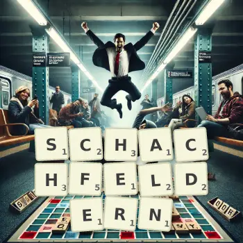 Kreative Illustration für ein Scrabble-Spiel, bei dem das Wort SCHACHFELDERN mit Steinen auf dem Brett gelegt wurde.