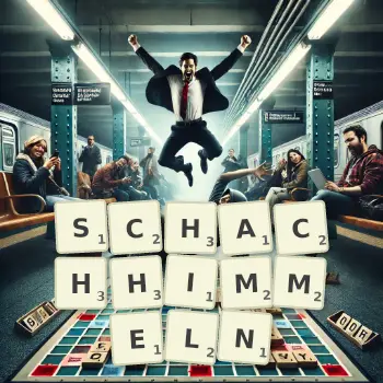 Kreative Illustration für ein Scrabble-Spiel, bei dem das Wort SCHACHHIMMELN mit Steinen auf dem Brett gelegt wurde.