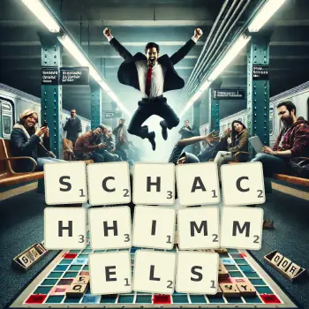 Kreative Illustration für ein Scrabble-Spiel, bei dem das Wort SCHACHHIMMELS mit Steinen auf dem Brett gelegt wurde.