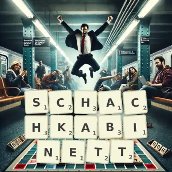 Kreative Illustration für ein Scrabble-Spiel, bei dem das Wort SCHACHKABINETT mit Steinen auf dem Brett gelegt wurde.