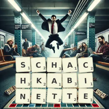 Kreative Illustration für ein Scrabble-Spiel, bei dem das Wort SCHACHKABINETTE mit Steinen auf dem Brett gelegt wurde.