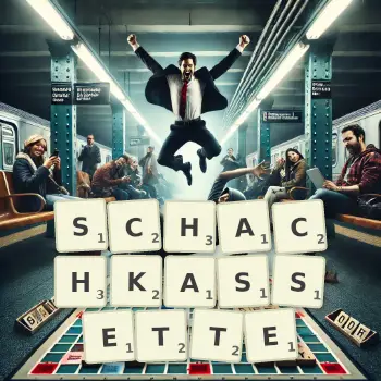 Kreative Illustration für ein Scrabble-Spiel, bei dem das Wort SCHACHKASSETTE mit Steinen auf dem Brett gelegt wurde.