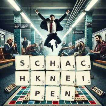 Kreative Illustration für ein Scrabble-Spiel, bei dem das Wort SCHACHKNEIPEN mit Steinen auf dem Brett gelegt wurde.