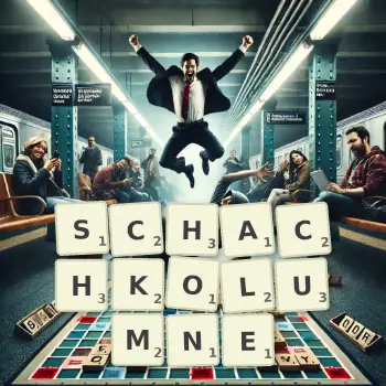 Kreative Illustration für ein Scrabble-Spiel, bei dem das Wort SCHACHKOLUMNE mit Steinen auf dem Brett gelegt wurde.