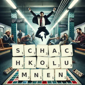Kreative Illustration für ein Scrabble-Spiel, bei dem das Wort SCHACHKOLUMNEN mit Steinen auf dem Brett gelegt wurde.