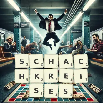 Kreative Illustration für ein Scrabble-Spiel, bei dem das Wort SCHACHKREISES mit Steinen auf dem Brett gelegt wurde.