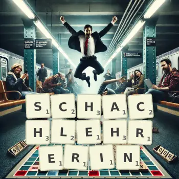 Kreative Illustration für ein Scrabble-Spiel, bei dem das Wort SCHACHLEHRERIN mit Steinen auf dem Brett gelegt wurde.